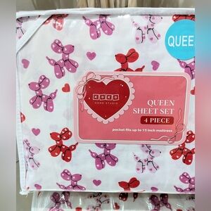 New 4pc QUEEN Valentine's Day Balloon Dogs & Hearts Sheet Set